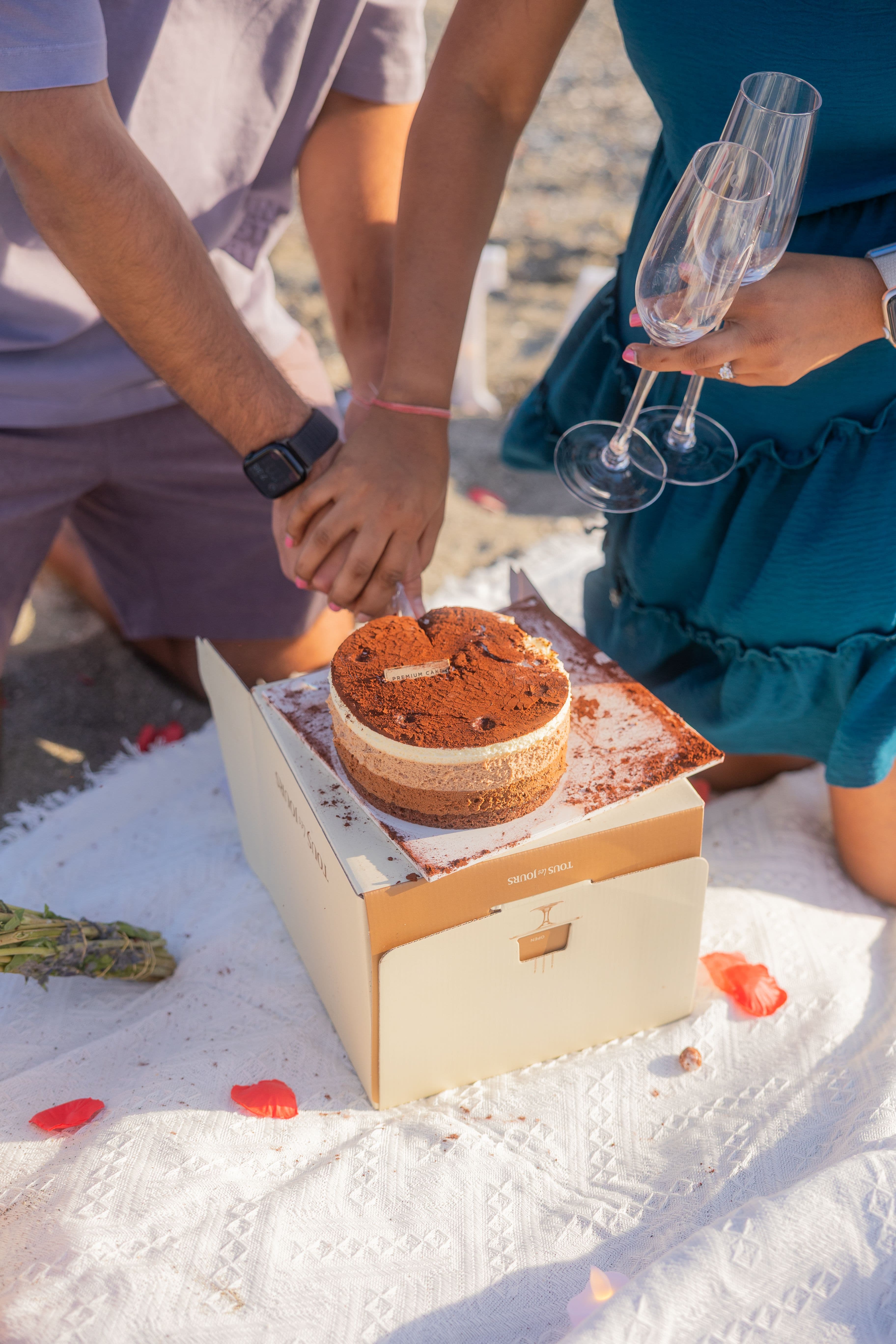 Couple cutting cake to celebrate their engagement at the beach